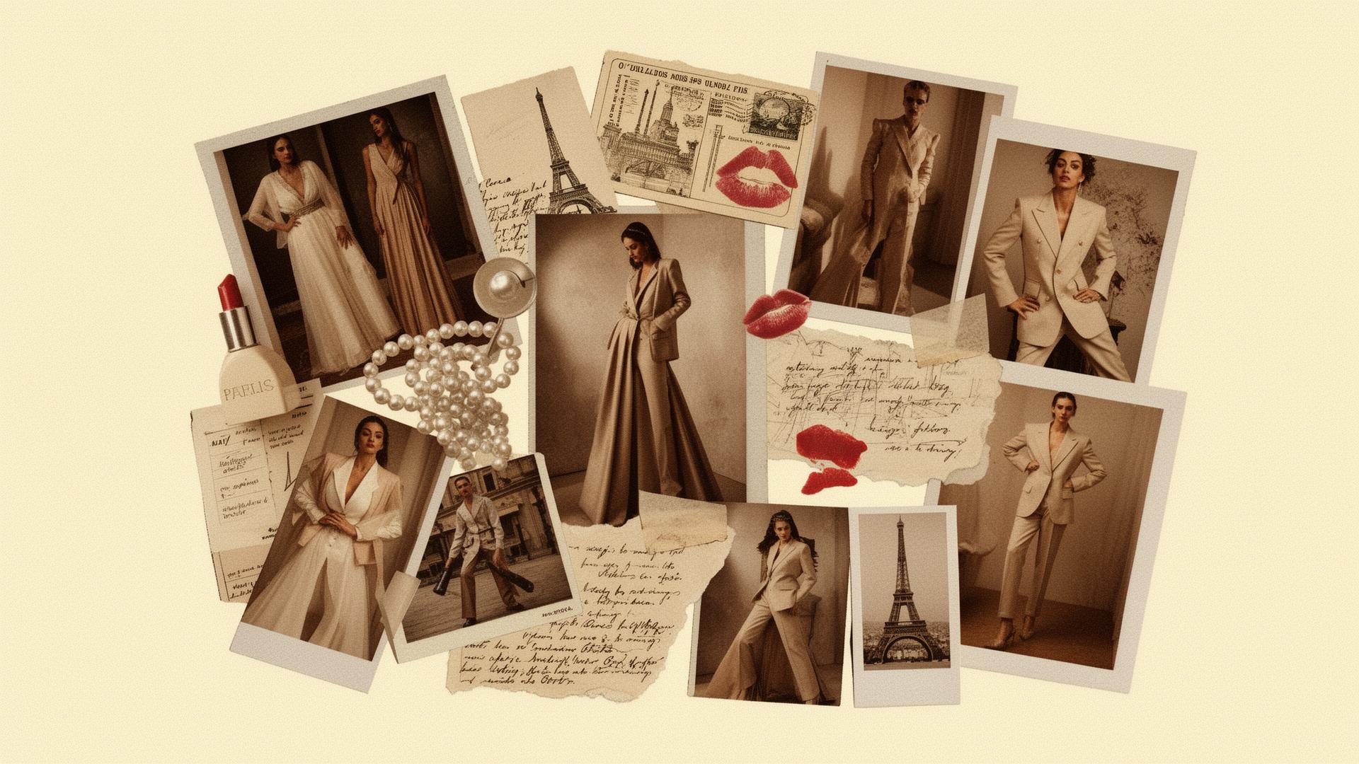 Editorial vision board collage of haute couture outfits, polaroids, and fashion clippings